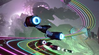 A screenshot of three ships racing along a neon track during a level in one of the best PS2 games, Amplitude.