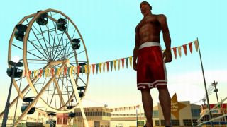 Carl Johnson standing in front of a Ferris wheel in the PS2 game Grand Theft Auto: San Andreas.
