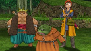 Yangus and Hero being guided by a green monster in the PS2 game Dragon Quest: Journey of the Cursed King.