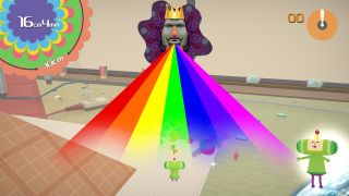 The King projecting a rainbow out of his mouth in the PS2 game Katamari Damacy.