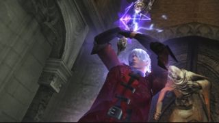 Dante holding a purple glowing sword above his head in one of the best PS2 games, Devil May Cry.