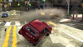 A red car crashing into the road during the PS2 game Burnout 3: Takedown.
