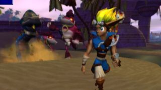 Jax and Daxter walking through a desert land with three enemies in the background during the PS2 game Jak And Daxter: The Precursor Legacy.